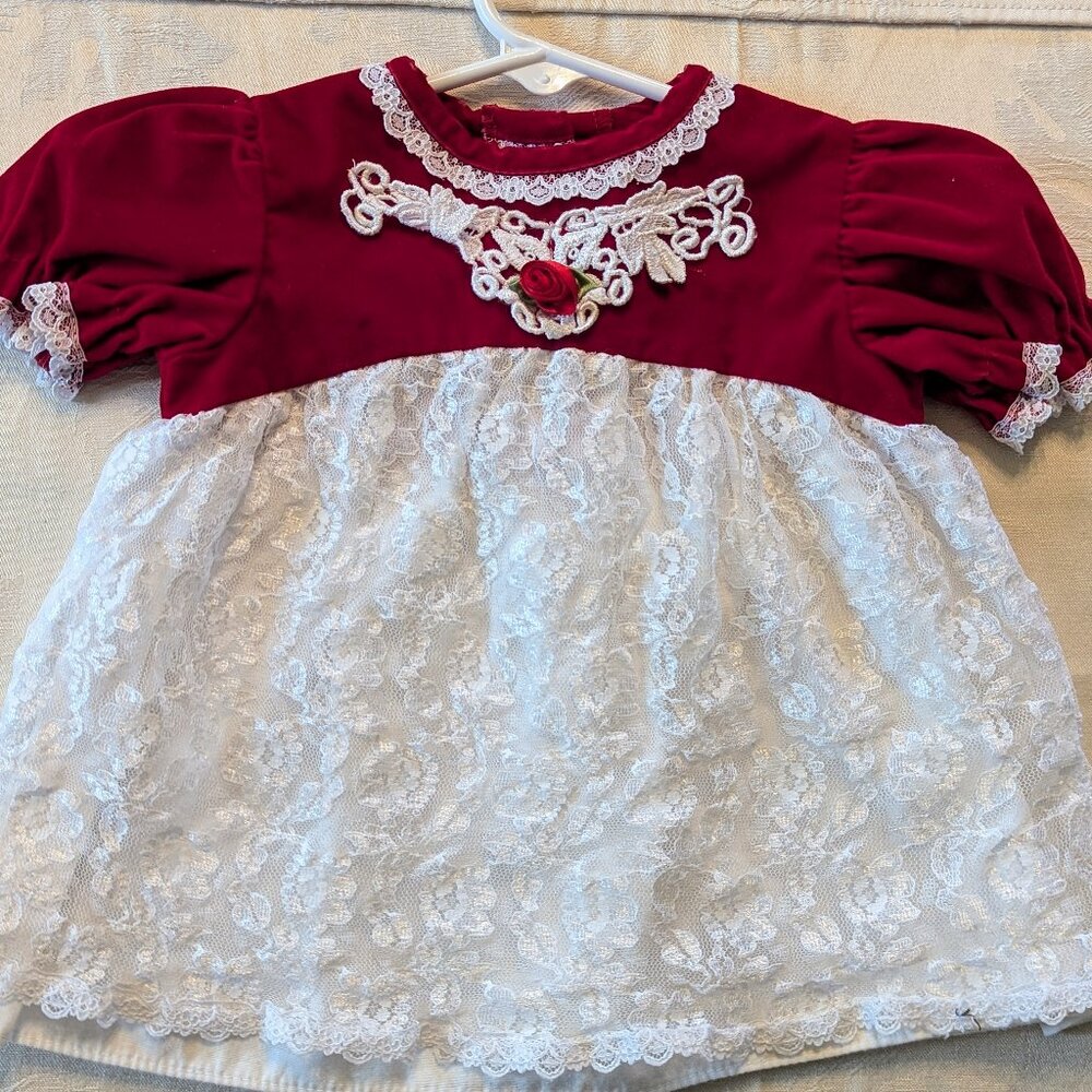 VTG 80s Evy Baby Girls Christmas Dress Sz 6-9M Red Velvet White Lace Lined USA